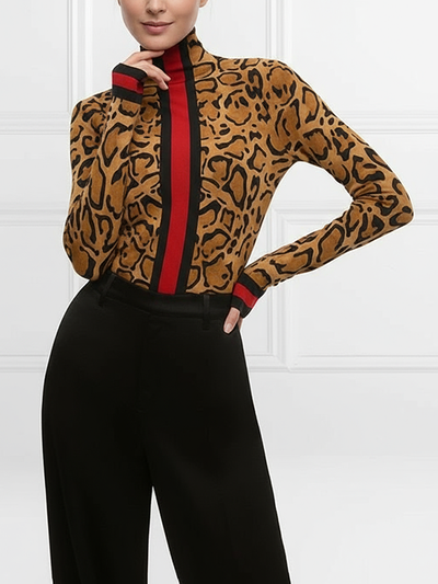 Long Sleeves Skinny Contrast Color Leopard High Neck T-Shirts Tops