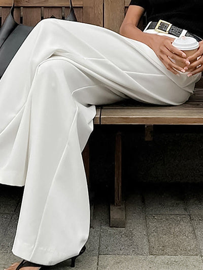 High Waisted Loose No Belt Pleated Pockets Solid Color Suit Pants Trousers