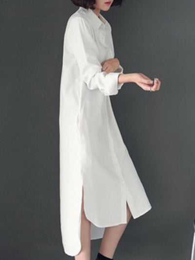 Simple Casual Solid Color Buttoned Lapel Collar Long Sleeves Midi Shirt Dress
