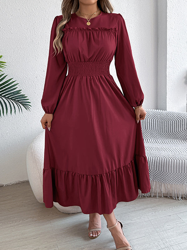 A-Line Elasticated Waist Pleated Solid Color Round-Neck Maxi Dresses