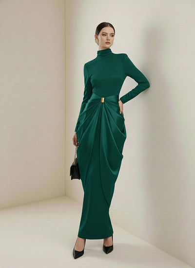 Long Sleeves Buckle Draped High-Neck Evening Dresses Maxi Dresses
