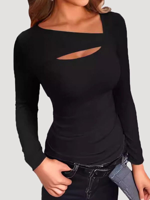 Long Sleeves Skinny Asymmetric Hollow Solid Color Split-Joint V-Neck T-Shirts