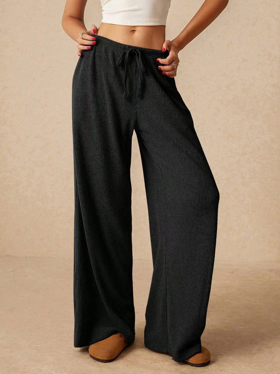 Elasticated Waist High Waisted Drawstring Solid Color Split-Joint Pants Trousers
