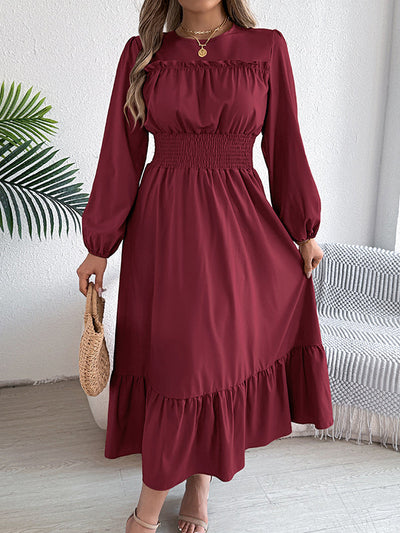 A-Line Elasticated Waist Pleated Solid Color Round-Neck Maxi Dresses