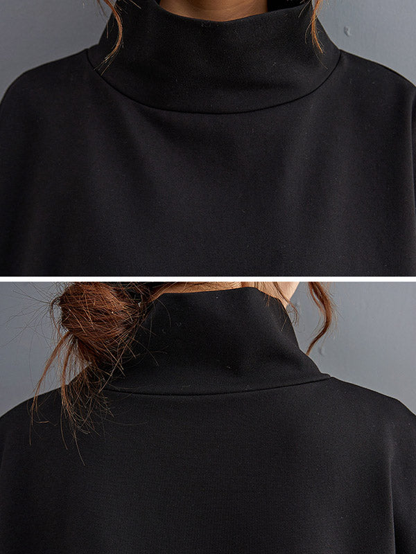 Urban Solid Color High-Neck High-Low Sweatshirt Top