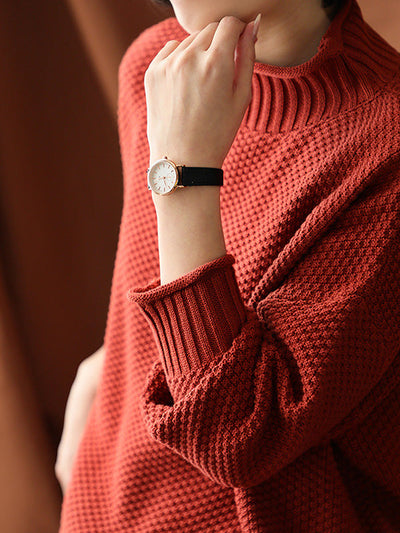 Casual Loose Long Sleeves Solid Color High-Neck Sweater Tops