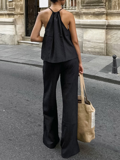 Solid Color Halter-Neck Cropped Pleated Split-Joint Tank Top + High Waisted Elasticity  Tied Waist Pants Trousers Two Pieces Set