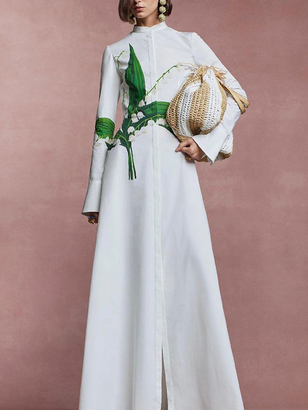 A-Line Long Sleeves Buttoned Flower Print Round-Neck Maxi Dresses