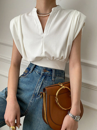 Loose Sleeveless Pleated Shoulder Pad Solid Color V-Neck T-Shirts Tops