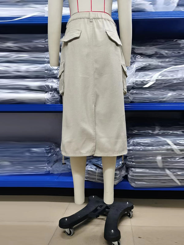 A-Line Buttoned Drawstring Pockets Solid Color Split-Side Skirts Bottoms