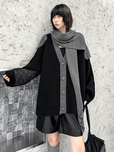 Long Sleeves Loose Buttoned Contrast Color Reversible Split-Joint Collarless Cardigan Tops Outerwear