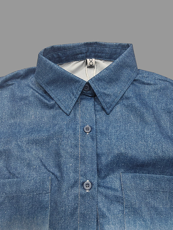 High-Low Loose Gradient Printed Split-Joint Split-Side Lapel Blouses&Shirts Tops