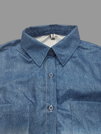 High-Low Loose Gradient Printed Split-Joint Split-Side Lapel Blouses&Shirts Tops