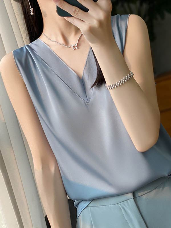 Loose Sleeveless Solid Color V-Neck Vest Top