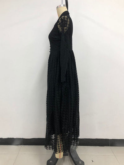 High Waisted Long Sleeves Buttoned Gauze See-Through Solid Color V-Neck Maxi Dresses