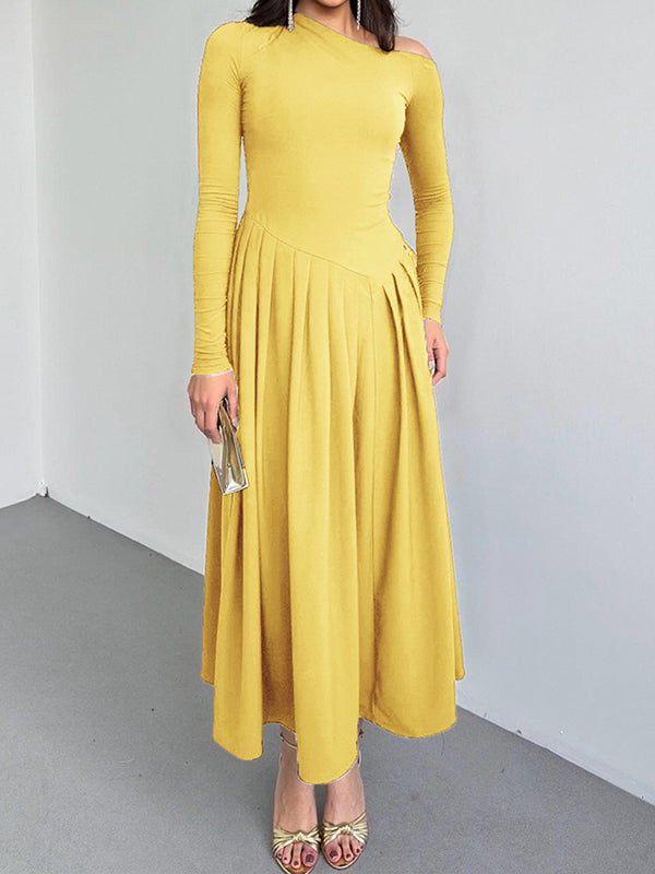 A-Line Bodycon Asymmetric Pleated Solid Color Split-Joint One-Shoulder Maxi Dresses