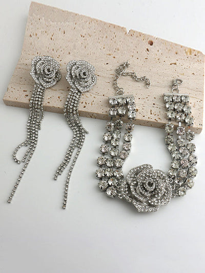 Flower Shape Rhine Stones Tasseled Drop Earrings