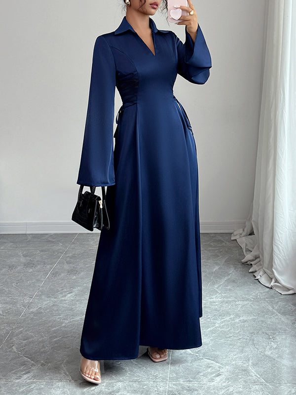 Flared Sleeves High Waisted Solid Color Tied Lapel Maxi Dresses