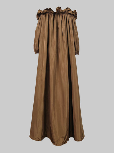 Loose Puff Sleeves Falbala Pleated Solid Color Off-The-Shoulder Maxi Dresses