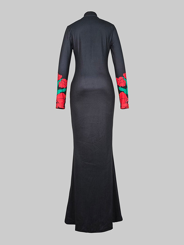 Skinny Flower Print Multi-Colored High Neck Maxi Dresses