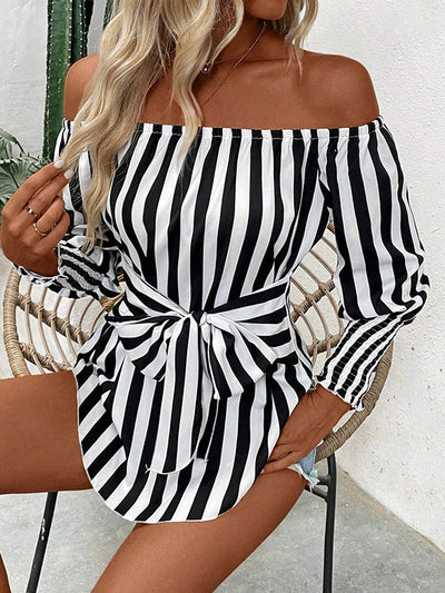 Long Sleeves Loose Contrast Color Elasticity Split-Joint Striped Tied Waist Off-The-Shoulder Blouses&Shirts Tops