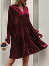 A-Line Long Sleeves Pleated Solid Color Velvet V-Neck Mini Dresses
