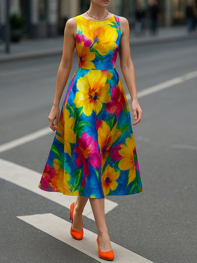 Sleeveless Contrast Color Flower Print Round-Neck Midi Dresses