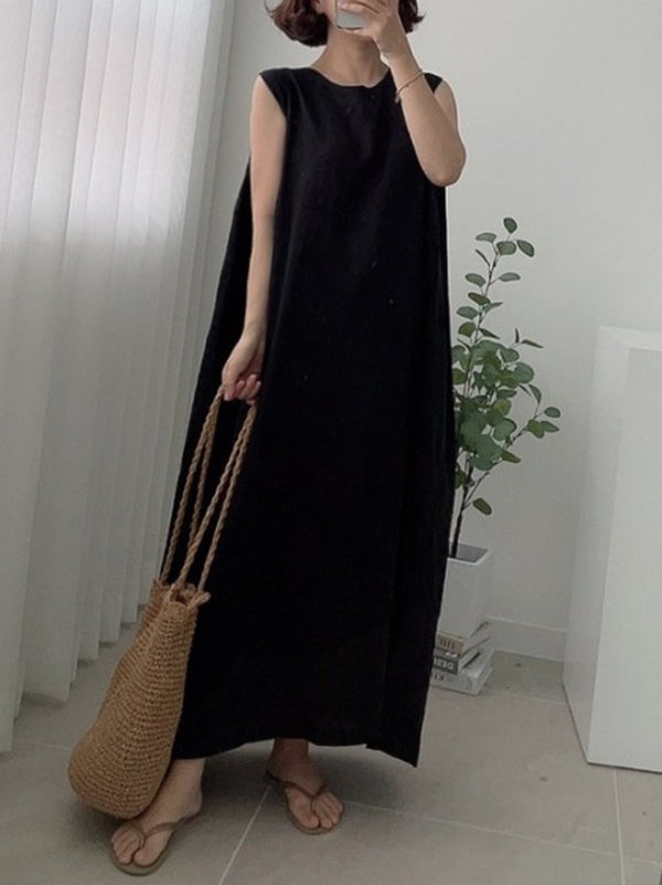 Casual Simple Solid Color Split-Side Round-Neck Sleeveless Midi Dress