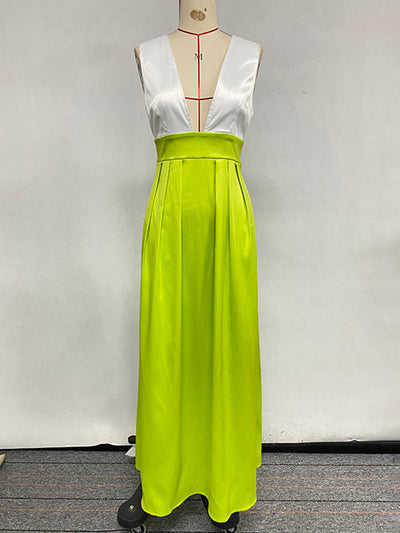 A-Line High Waisted Contrast Color Pleated Zipper Deep V-Neck Maxi Dresses