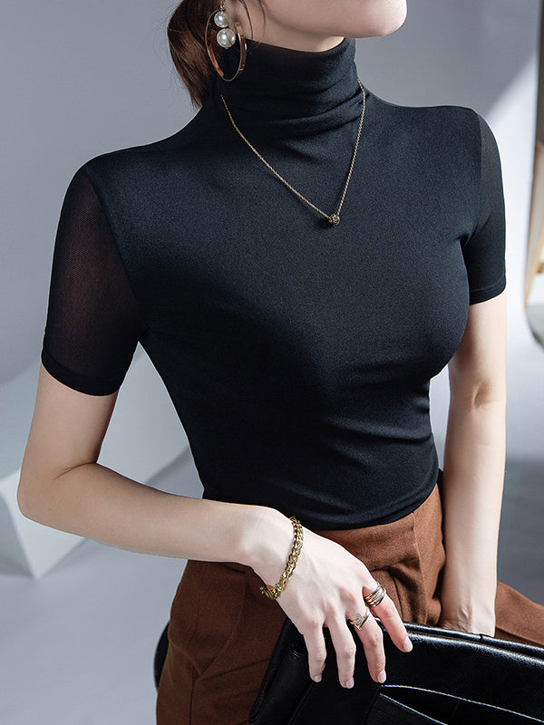 Half Sleeves Skinny Solid Color High Neck T-Shirts Tops