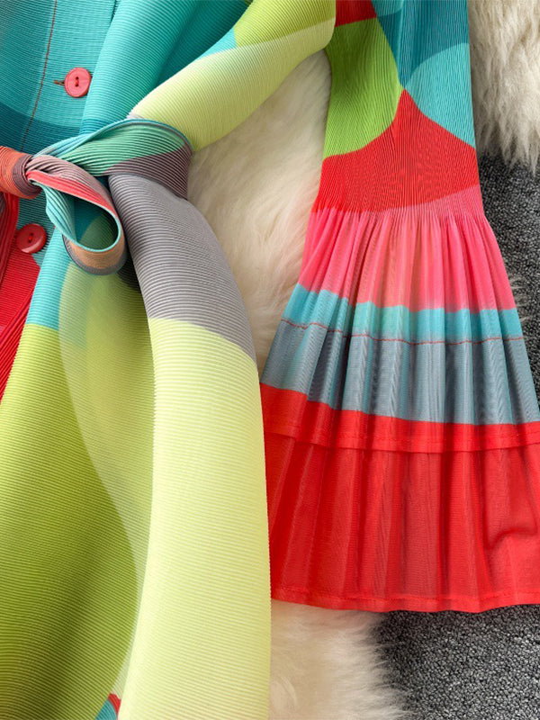 Flared Sleeves Loose Belted Contrast Color Pleated Midi Dresses