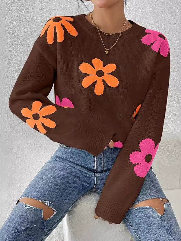 Long Sleeves Loose Contrast Color Flower Print Round-Neck Sweater Tops