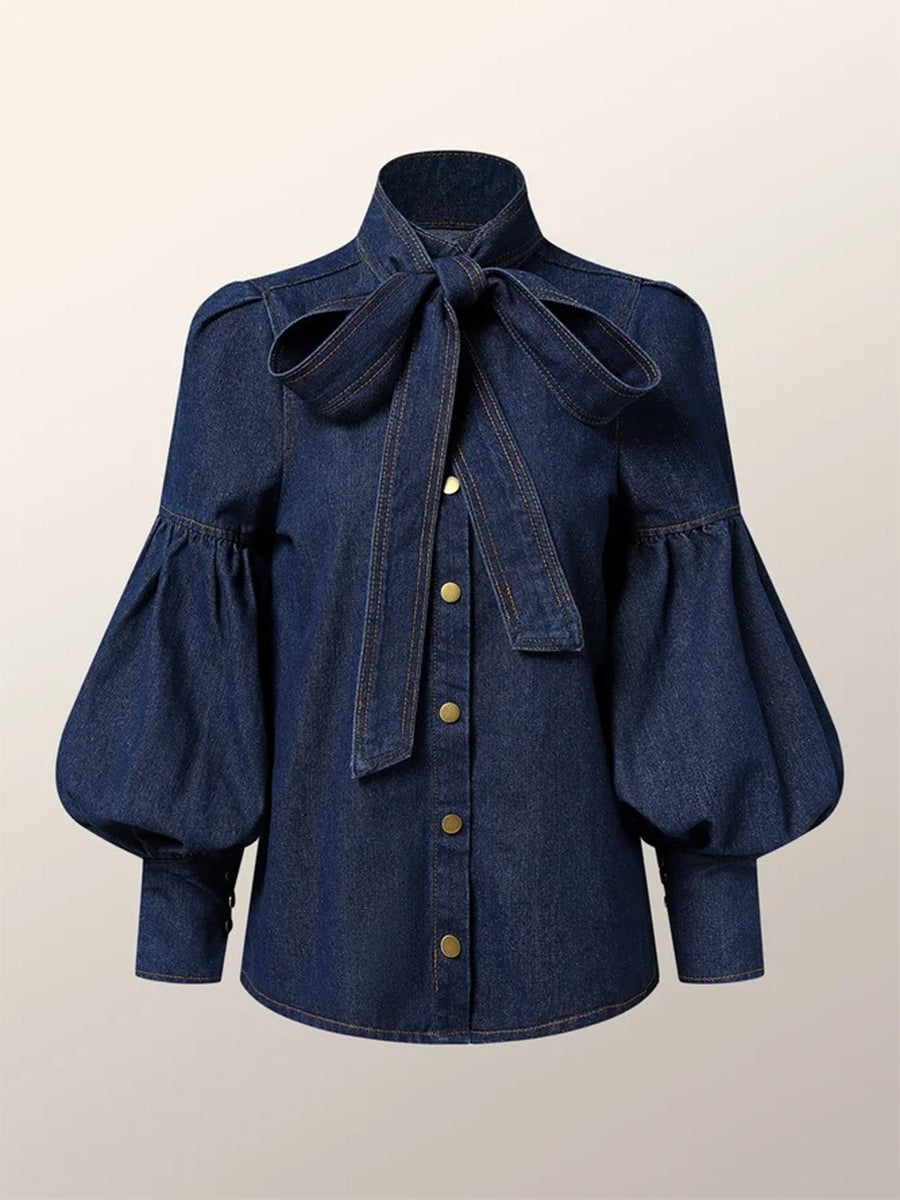 Long Sleeves Oversize Bow-Embellished Buttoned Solid Color Split-Joint Tied High Neck Blouses&Shirts Tops