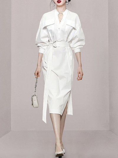 Long Sleeves Loose See-Through Split-Joint Split-Side Tied Waist V-Neck Midi Dresses Shirt Dress