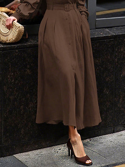 Loose Puff Sleeves Pleated Solid Color Split-Joint Lapel Maxi Dresses Shirt Dress