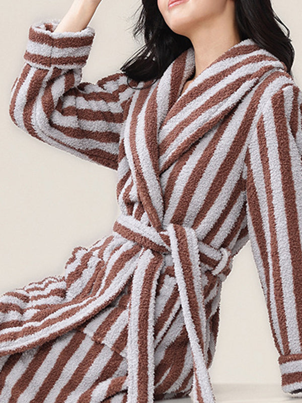 Long Sleeves Loose Split-Joint Striped Tied Waist Lapel Robes