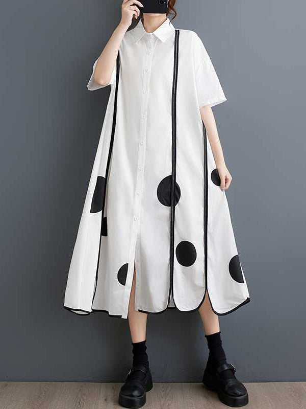A-Line Half Sleeves Buttoned Pockets Polka-Dot Split-Front Split-Joint Lapel Midi Dresses Shirt Dress