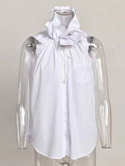 Loose Sleeveless Buttoned Drawstring Pleated Solid Color Stand Collar Vest Top