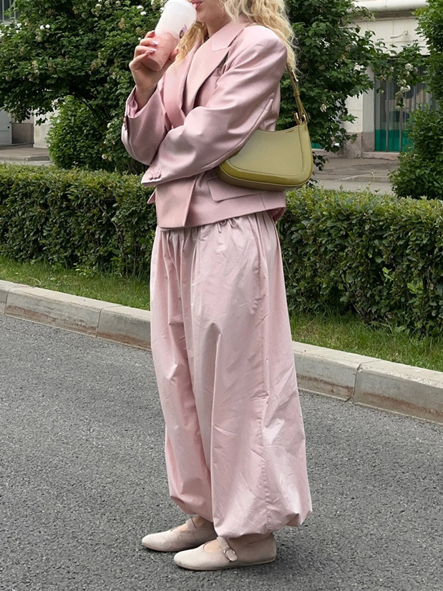 Elasticated Waist High Waisted Drawstring Pleated Solid Color Ankle-Tied Pants