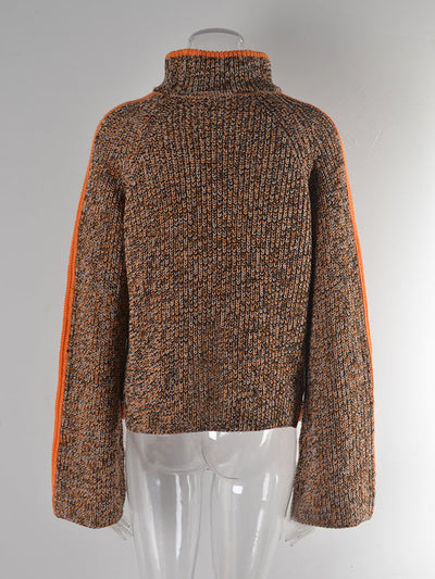 Casual Long Sleeves Loose Contrast Color Half Turtleneck Sweater Tops