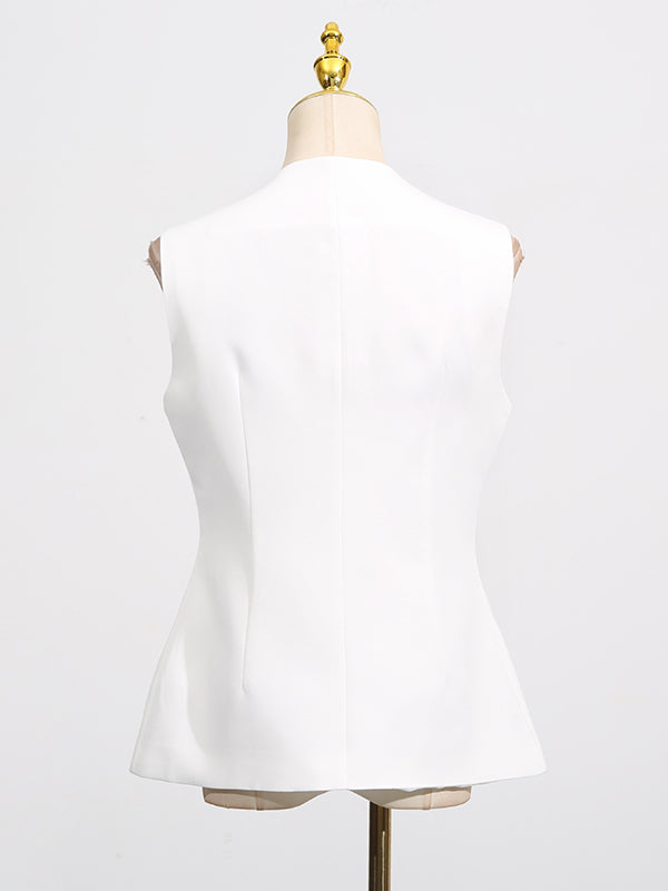 Sleeveless Buttoned Pockets Round-Neck Tank Top