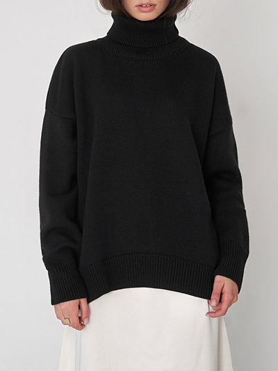 High-Low Long Sleeves Solid Color Split-Joint High Neck Sweater Tops