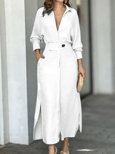 Long Sleeves Loose Split-Joint Split-Side V-Neck Maxi Dresses Shirt Dress