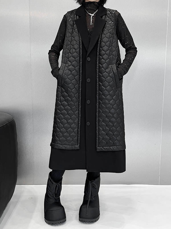 Loose Sleeveless Buttoned Plaid Pockets Solid Color Split-Joint Notched Collar Outerwear Padded Vest