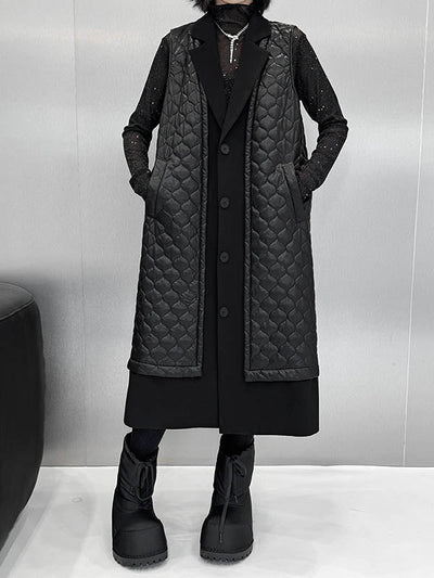 Loose Sleeveless Buttoned Plaid Pockets Solid Color Split-Joint Notched Collar Outerwear Padded Vest