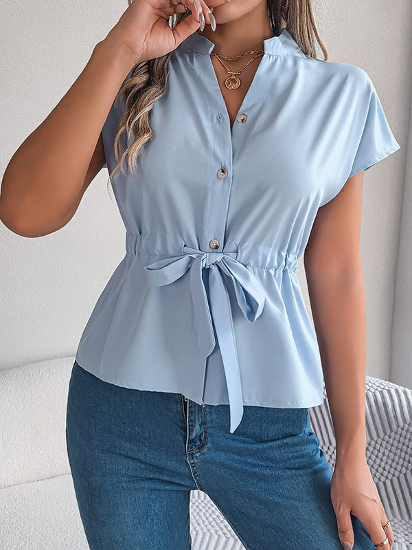 Short Sleeves Buttoned Comfort Solid Color Tied Waist Stand Collar Blouses&Shirts Tops
