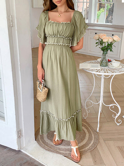 A-Line High Waisted Pleated Ruffle Trim Split-Joint Zipper Square-Neck Midi Dresses