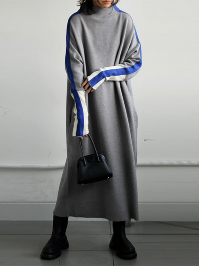 Long Sleeves Loose Contrast Color Stand Collar Maxi Dresses