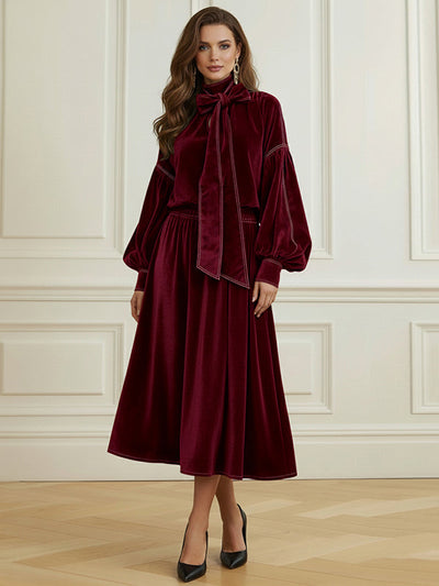 Long Sleeves Puff Sleeves Bow-Embellished Pleated Solid Color Split-Joint Tied Half Turtleneck Blouses&Shirts Tops
