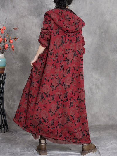Women Winter Retro Flower Cotton Hooded Coat